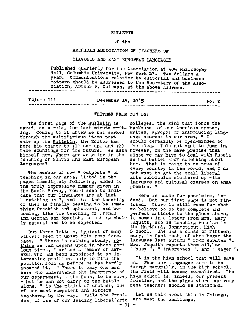 Bulletin of the American Association of Teachers of Slavonic and East European Languages